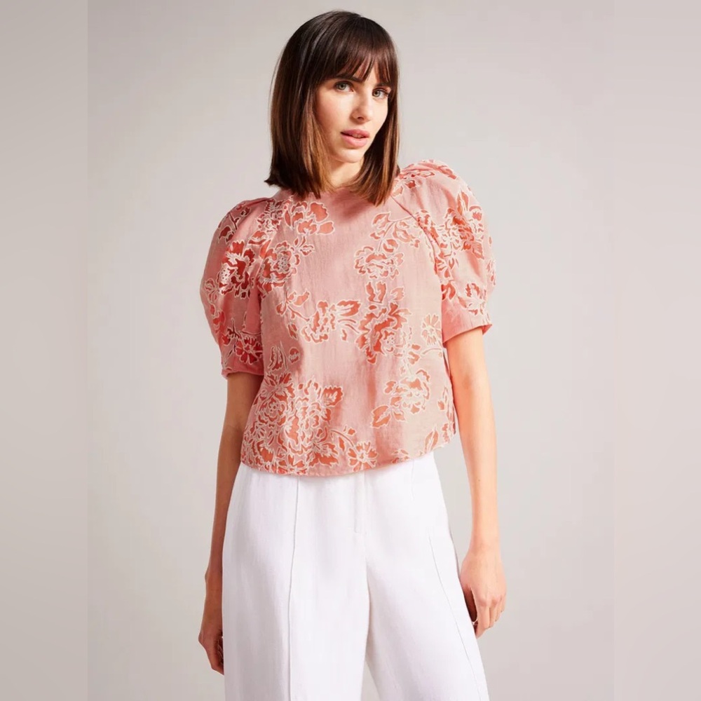 Ted Baker Pink Peach Floral Lace Puff-Sleeve Top